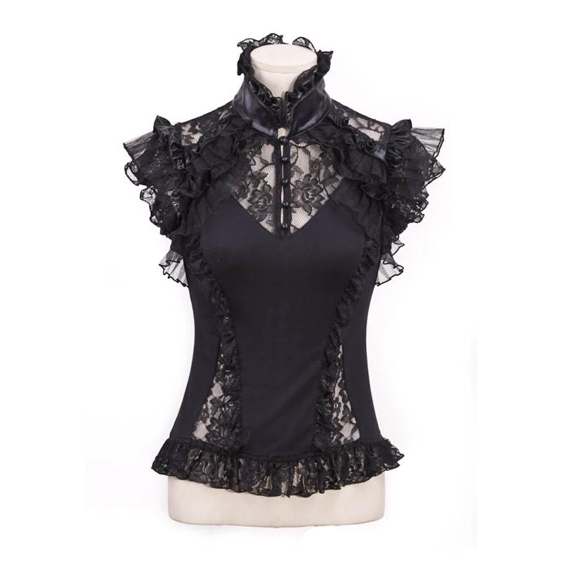 21223 г. Топ в готическом стиле Черная кружевная блузка без рукавов|lace blouse black|lace