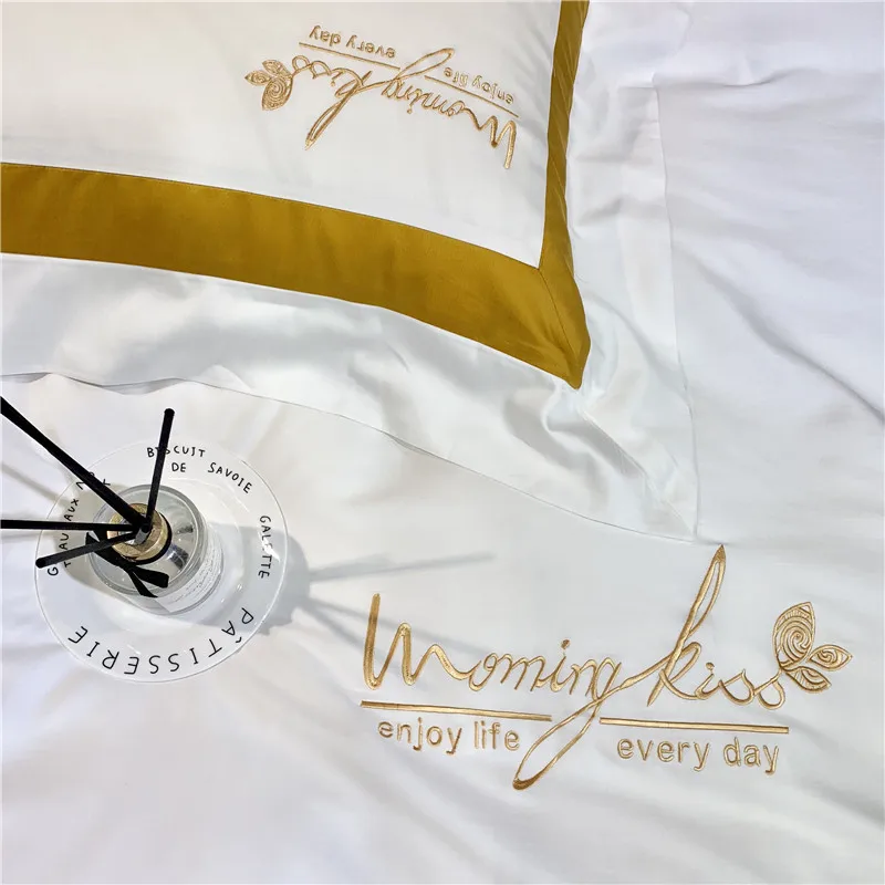 New 60S egyptian Cotton Bedlinen Luxury bedclothes Bedcover Silk ribbon Duvet Cover Bedding Set queen king size bed set | Дом и сад
