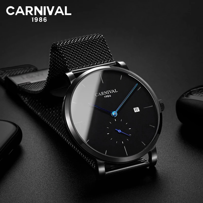 Механические часы CARNIVAL черные синие из сетчатой стали автоматические полностью