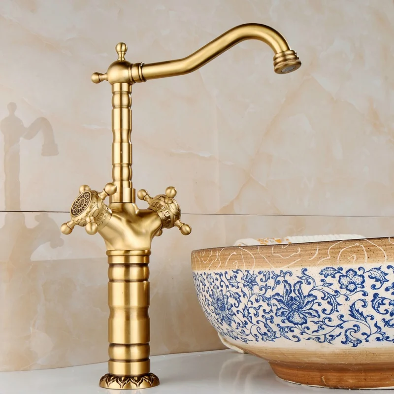 

Бесплатная доставка, роскошный античный смеситель высокого качества для горячей и холодной воды, кран для раковины, двойная ручка, латунный...