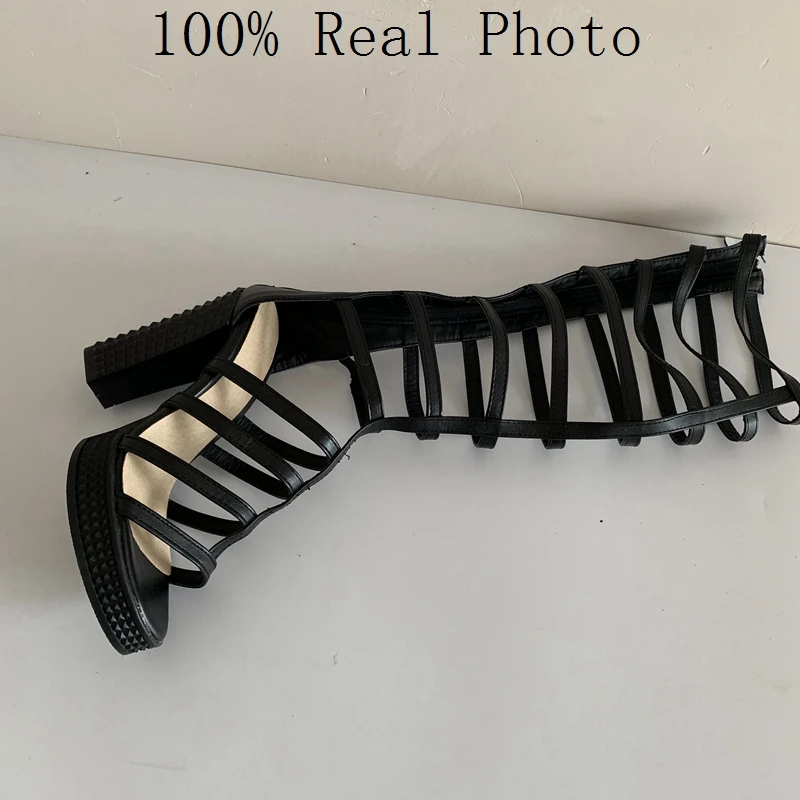 REAVE CAT Women Ladies Gladiator Platform Summer boots chunky high heels Sexy Striper party high heel hollow Zipper Big size 43