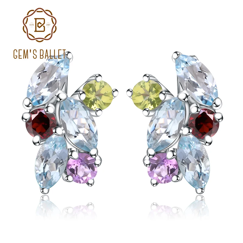 

Gem's Ballet 925 Sterling Silver Stud Earrings Multicolor Natural Sky Blue Topaz Garnet Peridot Amethyst For Women Fine Jewelry
