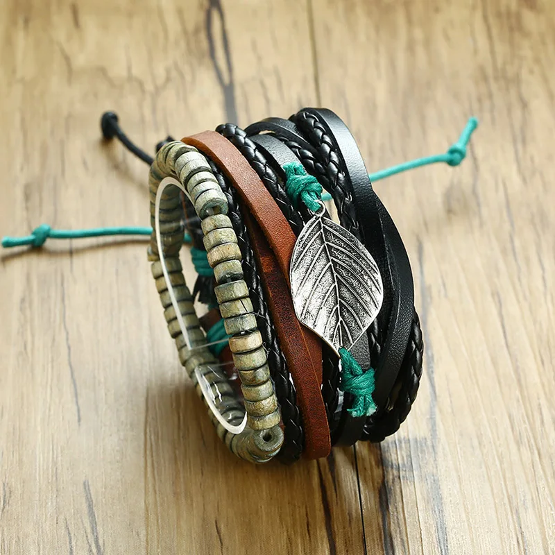 1 набор мужской кожаный винтажный многослойный сплав лист панк браслет с