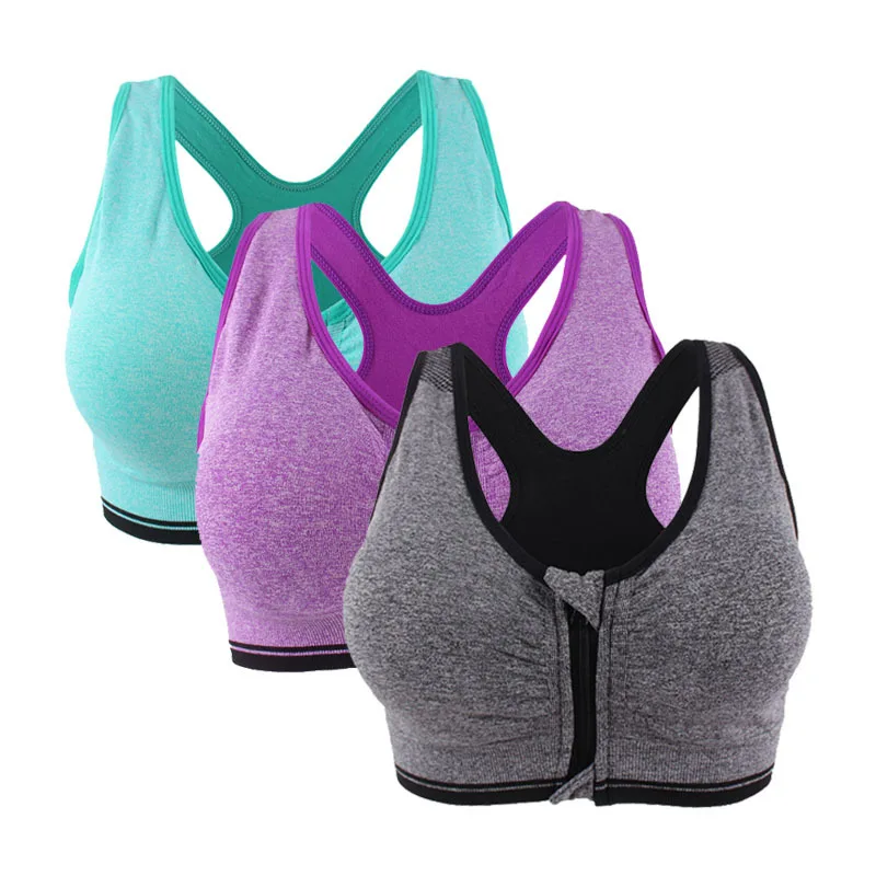 Green Gray Purple 3XL размера плюс, ударопрочный спортивный бюстгальтер на молнии для женщин, мягкий пуш-ап бюстгальтер для йоги, фитнеса, ударопрочный спортивный топ для спортзала и бега - Цвет: Green Gray Purple
