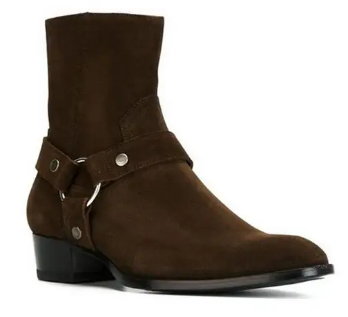 Attantou Tan/Black Suede Leather Chains Harness Men Boots Stacked Heel Anke Side Zip Fashion Chelsea Shoes | Обувь