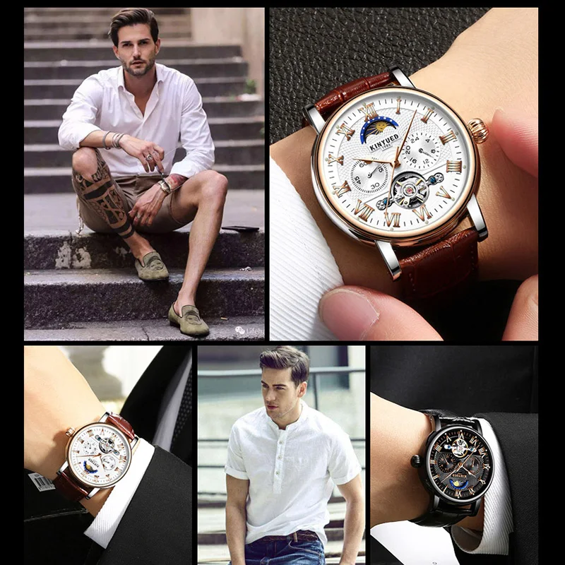 

KINYUED Chronograph Mens Brand Automatic Mechanical Watches Leatehr Classic Fashion Skeleton Watch Men Moon Phase rkek kol saati