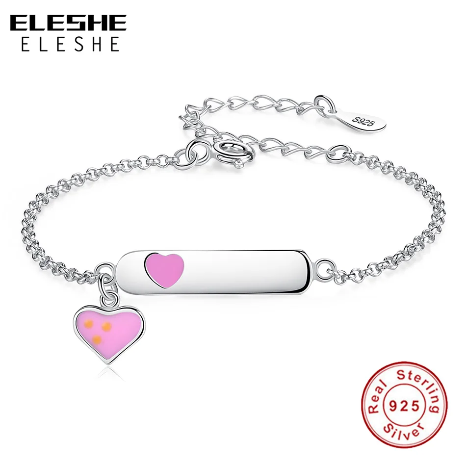 

ELESHE Personalized Jewelry 925 Sterling Silver Heart Bracelets with Pink Enamel Customize Engrave Name Bracelet for Girls Kids