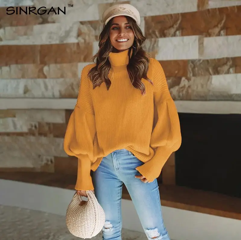 SINRGAN Зимний фонарь рукавом вязаный свитер пуловер Женский свободный свитер водолазка Женский осенний случайный свитер джемпер топы - Цвет: yellow