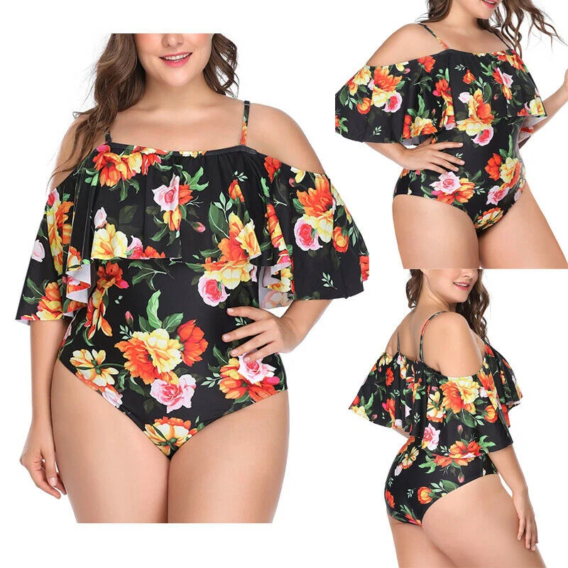 Plus Size Women One Piece Monokini Padded Bikini Floral Print Ruffle Swimwear Beach Off Shoulder Swimsuit Bathing | Спорт и