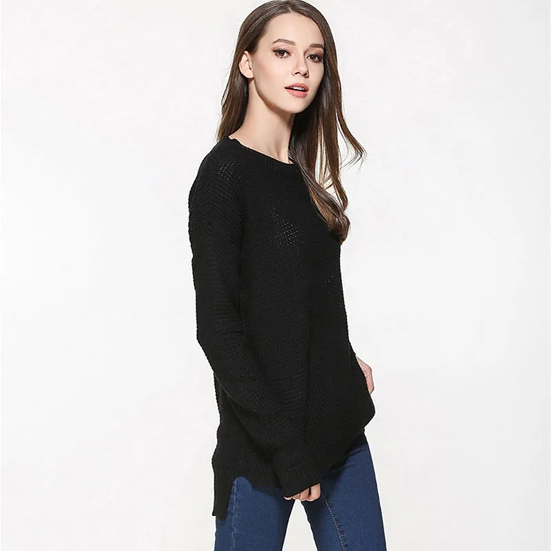 Women Autumn Knitwear Sweater O-Neck Long Sleeve Shirt Solid Casual Knit Pullovers Side Slits Large Size Sweaters | Женская одежда