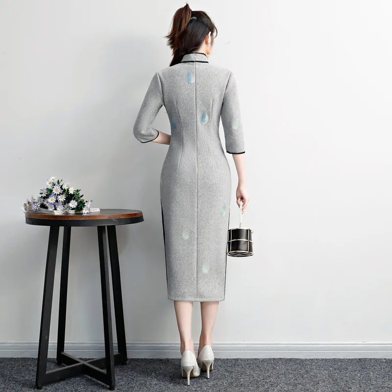 Зимние женские шерстяные тонкие Cheongsam 4 цвета китайские винтажные Qipao элегантные женские повседневные платья Мандарин Воротник Vestidos
