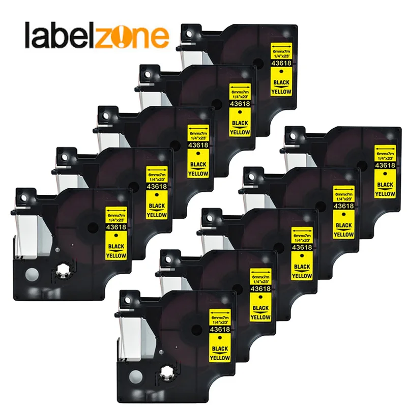 

10Pack 43618 1/4"(6mm) x 23'(7m) black on yellow compatible Dymo D1 PNP 6mm label printers D1 43618 for dymo label manager LM160