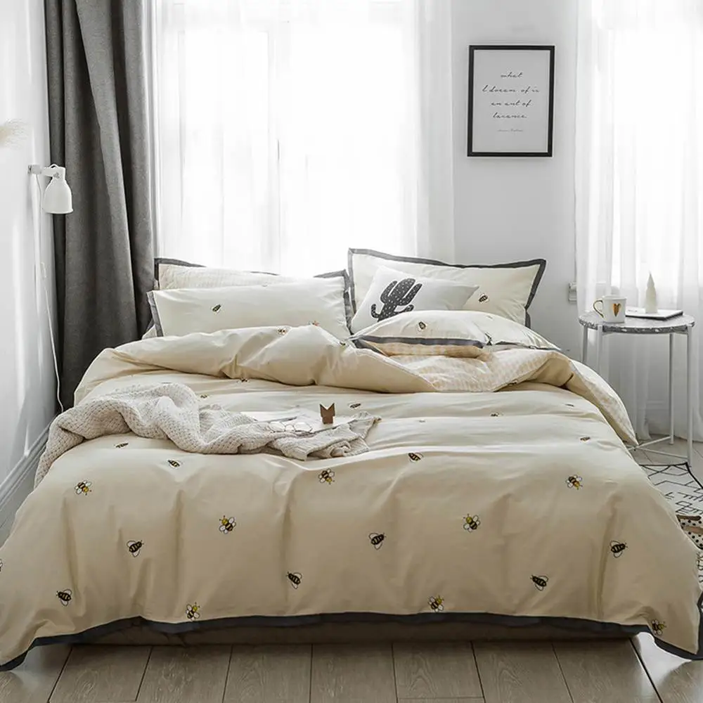 Набор постельного белья из хлопка с рисунком пчелы бежевый пододеяльник