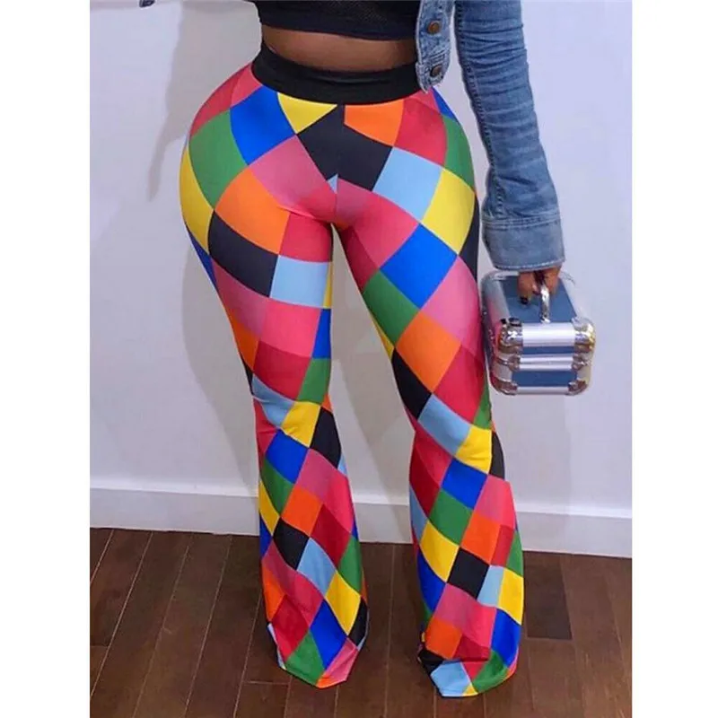 

2019 Stylish Women Color-lump Geometry Floral Casual Pants Long Bodycon Trousers High Waist Slim Plaid Flared Pants Plus Size