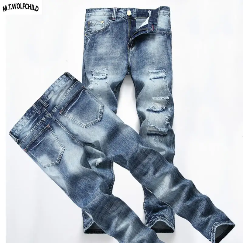 Fashion 2018 Autumn Mens denim long pants casual distressed hole male Jeans Masculino Trousers mens straight blue jeans 28-42 | Мужская