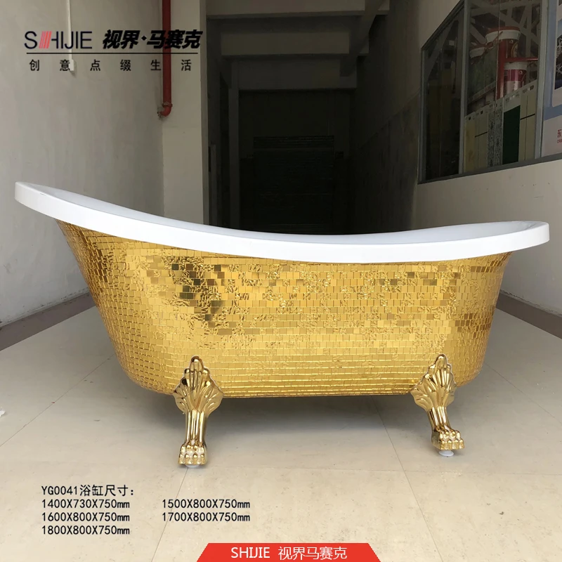 

Freestanding Bathtub with Gold Mosaic Pattern