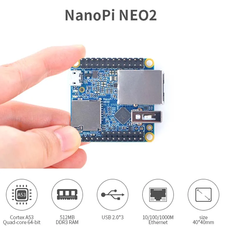 NanoPi NEO2 v1.1 LTS Development Board быстрее чем Raspberry PI 40x40мм (512 МБ/1 ГБ DDR3 RAM) ARM Cortex A53|Аксессуары