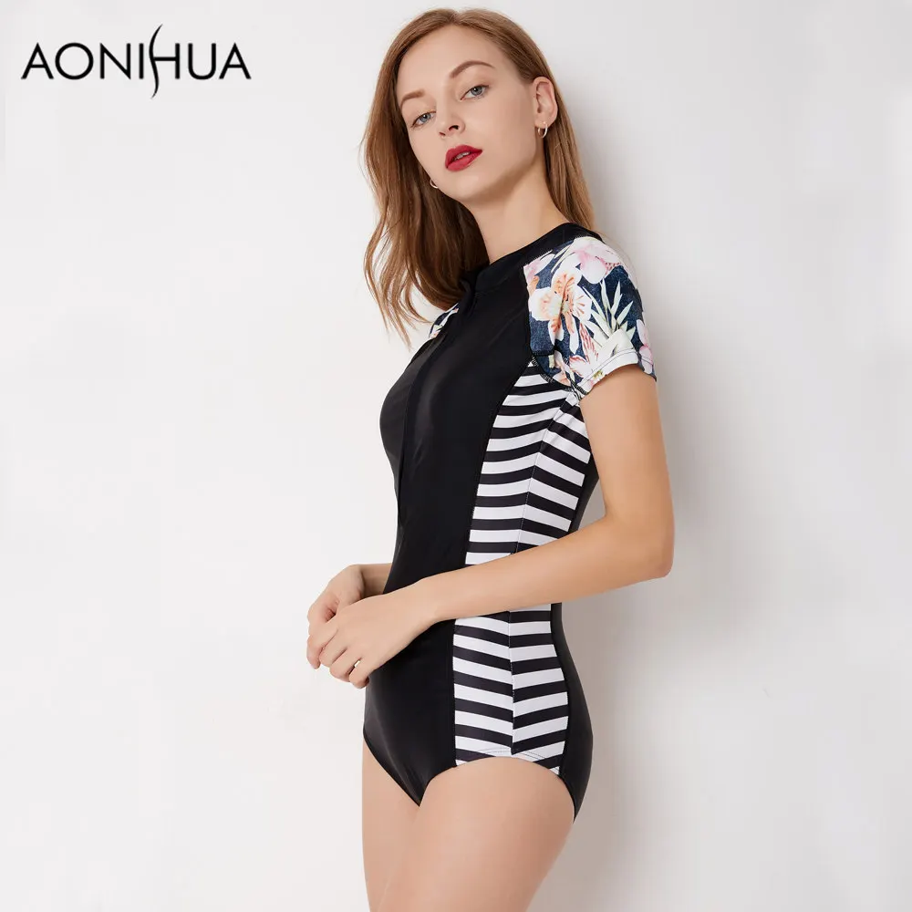Черный купальник AONIHUA 2018 облегающие полосатые цельные купальные костюмы женская