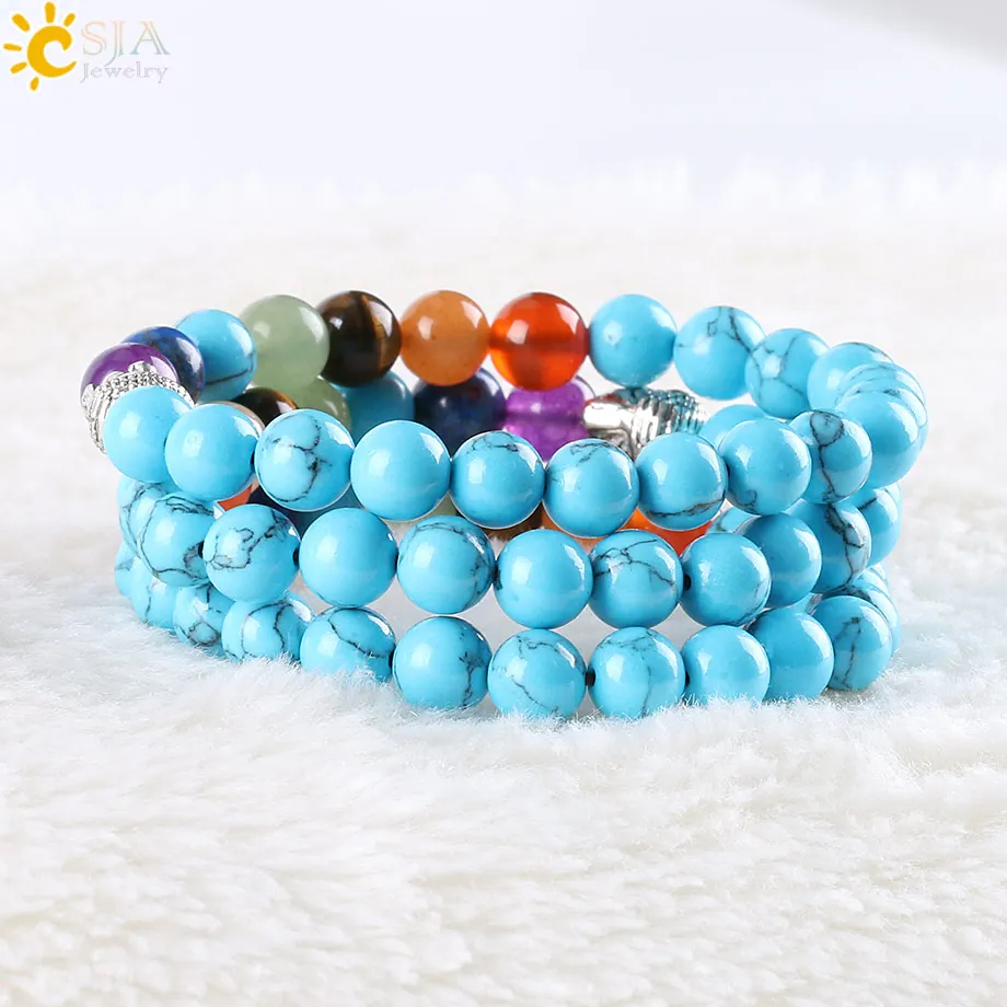 CSJA 7 Чакра браслет медитация 8 мм Синий Howlite Круглые радужные камни бусины для