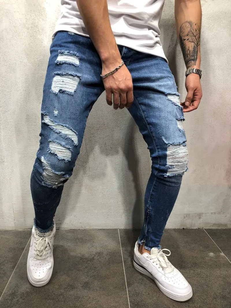 

2019 Jeans for Men Slim Fit Destroyed Ripped Distressed Denim Jeans Knee Holes Men Casual High Street Washed Jeans