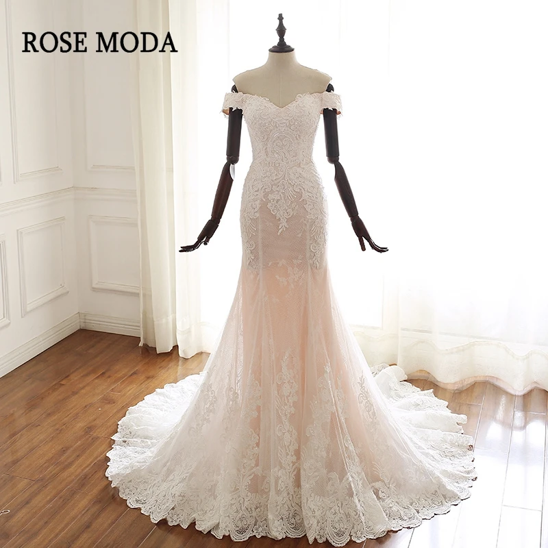 

Rose Moda Off Shoulder Ivory and Pink Lace Mermaid Wedding Dresses Custom Make Real Photos