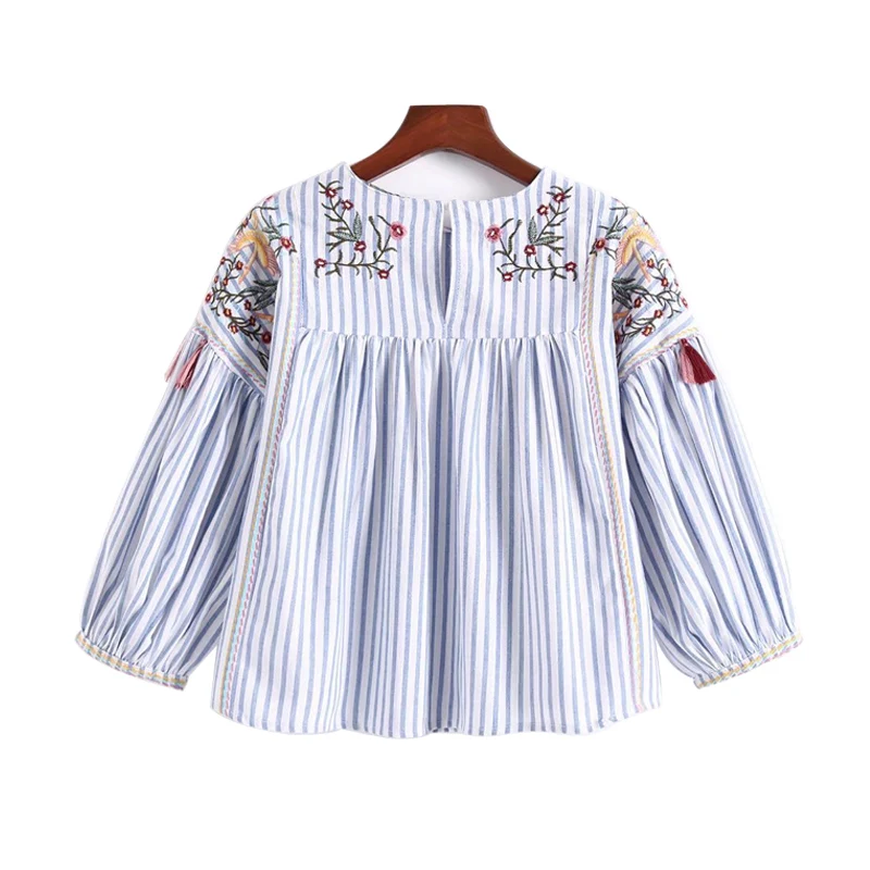 Лето-осень Для женщин Блузки для малышек 2017 цветочный Вышивка рубашка в полоску O