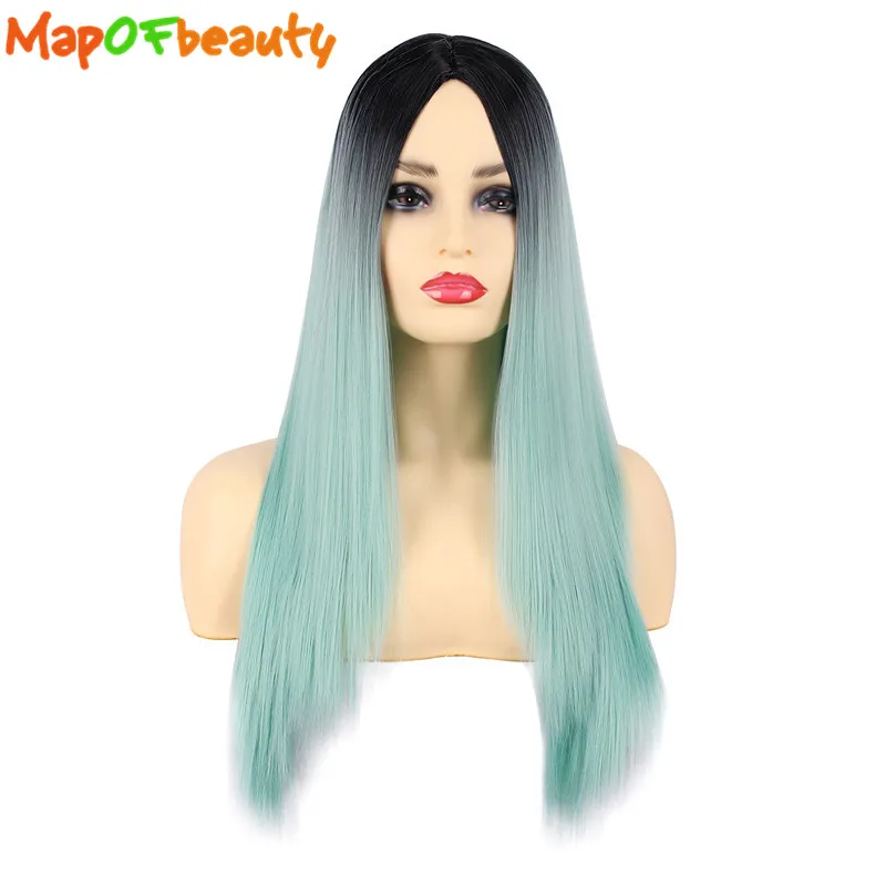 MapofBeauty Омбре черные и розовые синие длинные прямые парики для женщин