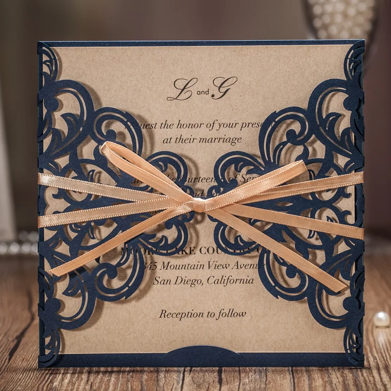 

50pcs Classic Navy Blue Laser Cut Wedding Invitation Cards With Hollow Flower Gold Ribbon for Marriage Birthday Party CW6175B