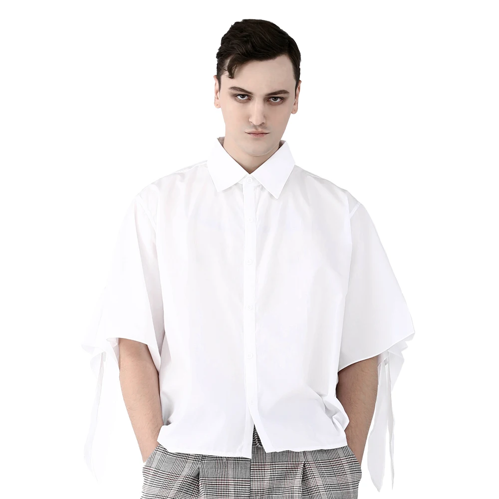 

Punk White Smart Casual Shirts For Men Half Sleeve of Two Straps Cotton Formal Blouse Summer Solid Tops