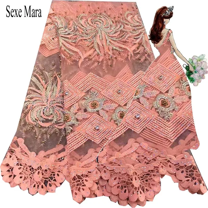 Африканский Кружево Ткань 2017 высокое качество персик французский Тюль с бисером