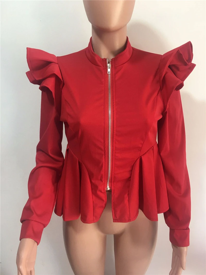 Adogirl, новинка, женские куртки с оборками, стоячий воротник, длинный рукав, на молнии, с баской, пальто, модная, тонкая, весна, осень, зима, верхняя одежда