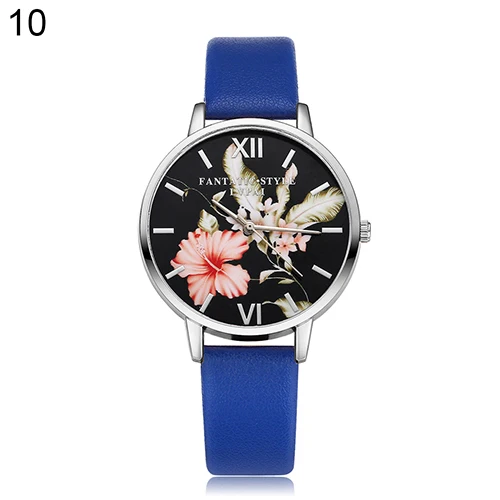 

Women Fashion Flower Print Black Dial Faux Leather Band Analog Quartz Wrist Watch relogio