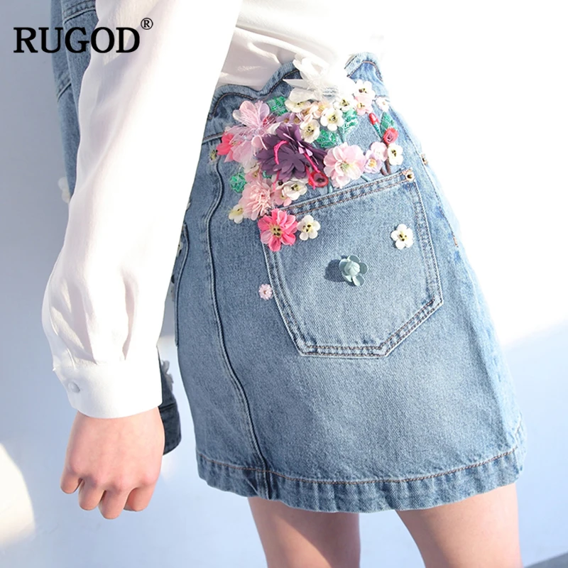 RUGOD Handmade Sequins 3D Floral Embroidery Jeans Skirt 2019 Women Fashion Wave Fringe Waist High Elastic Mini Saias Femme | Женская
