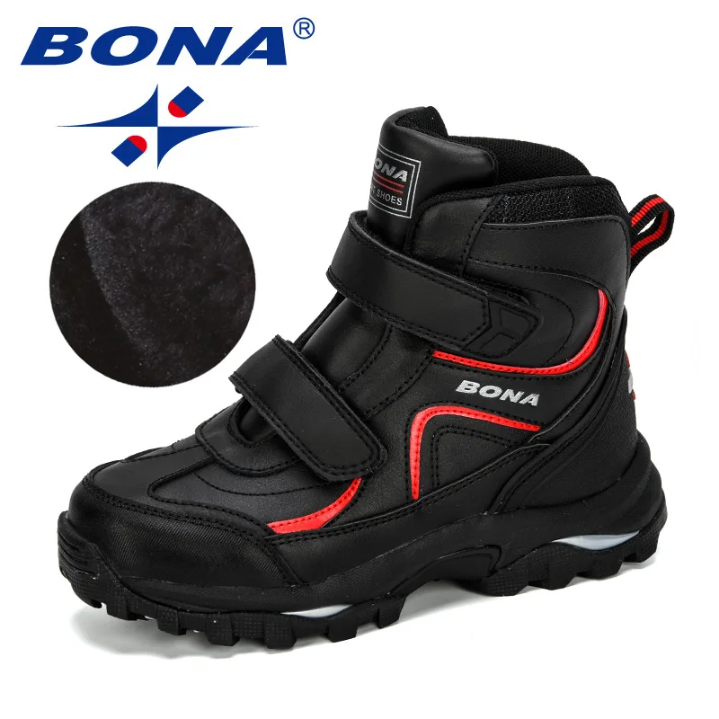 Black red BONA/ новые стильные зимние ботинки для мальчиков; детская обувь; Детские кроссовки; кожаные ботинки; плюшевые теплые удобные ботильоны на плоской подошве - Цвет: Black red