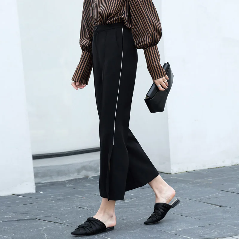 Amii для женщин Минималистский расклешенные штаны Chic офисные женские туфли разрез шифон высокое качество дизайн женск - Цвет: Черный