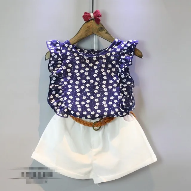 

Toddler Girls Clothing Set Fashion Flower Sleeveless T-shirt Plus Belt Shorts Korean Kids Clothes Baby Girl Tracksuit 2 3 4 5 6T