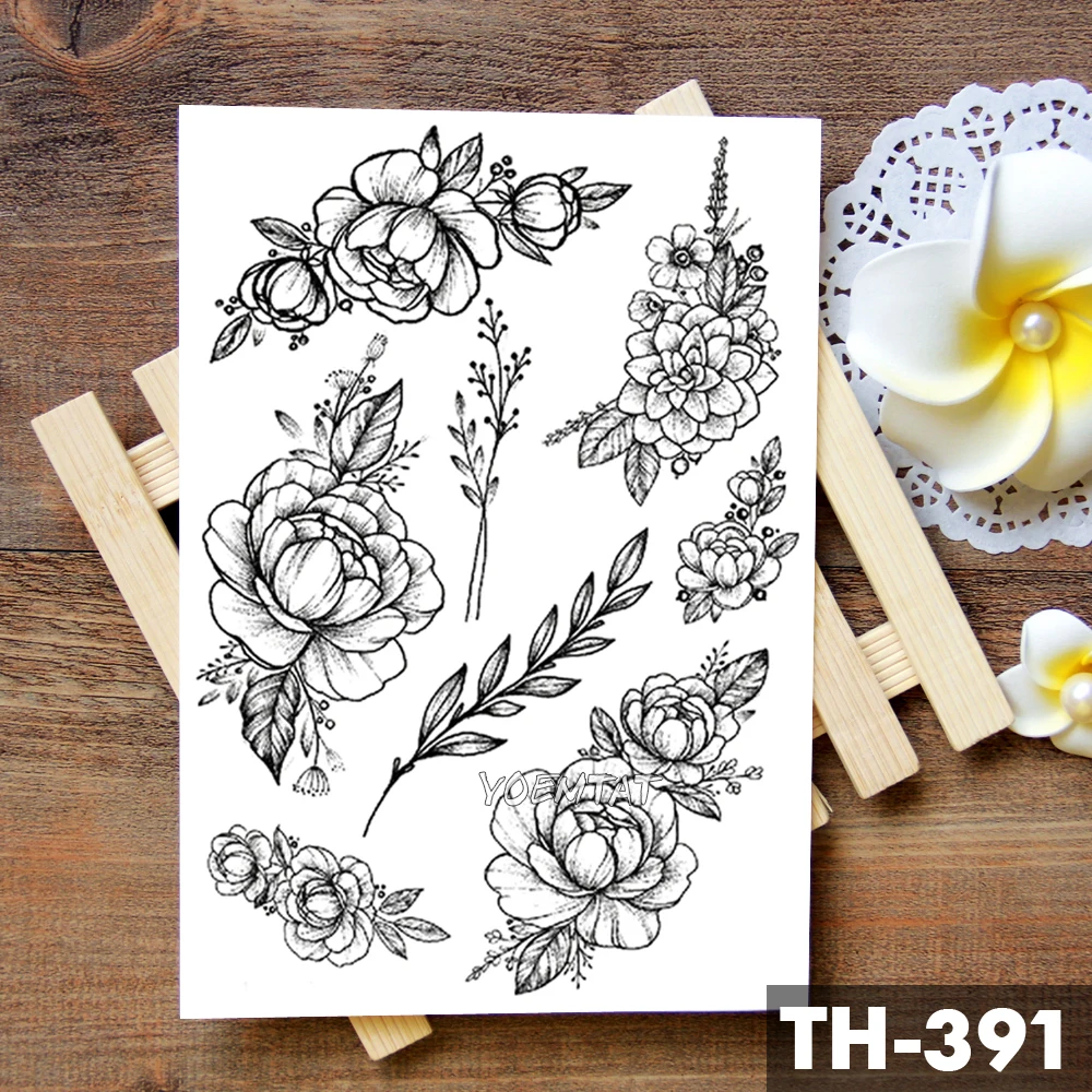 Geometric Flower Rose Eye Leaves Waterproof Temporary Tattoo Sticker Diamond Peony Black Tattoos Body Art Arm Fake Tatoo | Красота и