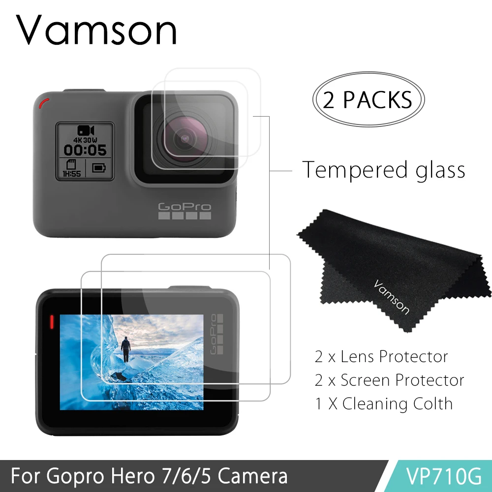 

Экшн-камера Vamson для GoPro Hero 7, 6, Hero 5, объектив из закаленного стекла/защита экрана, аксессуары + крышка объектива VP710G