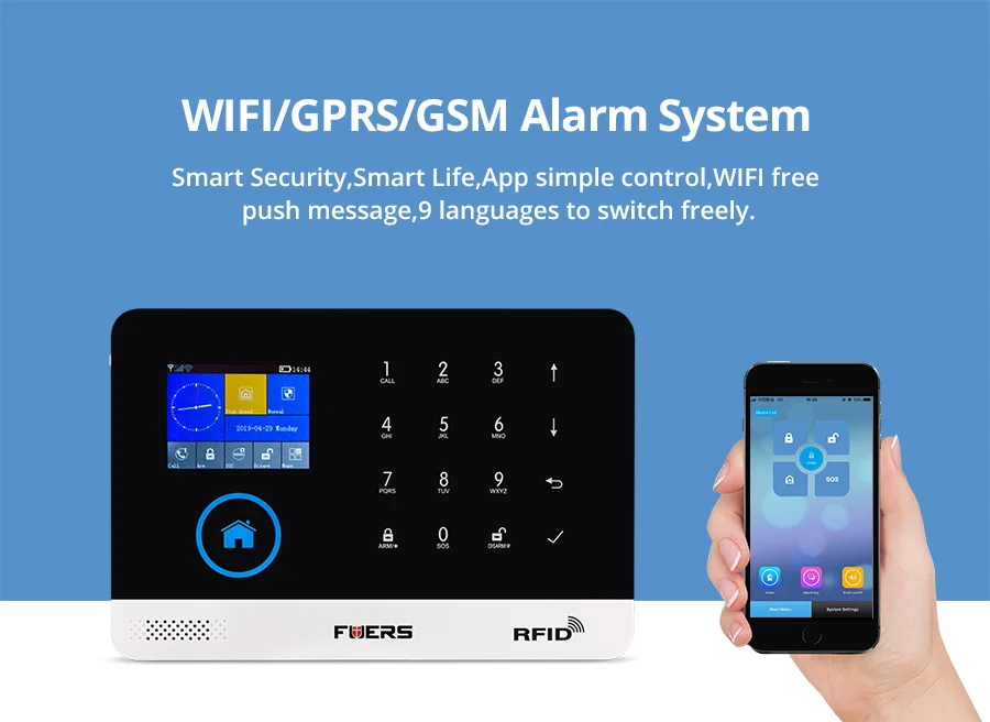FUERS обновление PG103 wifi GPRS GSM домашняя система охранной сигнализации приложение управление Вспышка Сирена датчик дыма PIR детектор движения набор RFID