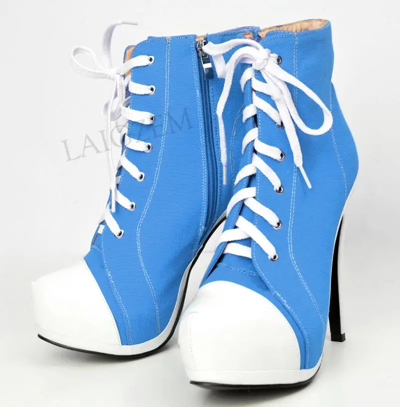 LGZ489 Blue LAIGZEM/парусиновые женские ботинки на платформе; Botines Mujer; короткие ботильоны на высоком каблуке с боковой молнией; женская обувь; большие размеры 34-52 - Цвет: LGZ489 Blue
