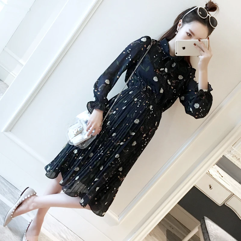 Шифоновое платье с длинными рукавами и принтом для мам беременных Одежда