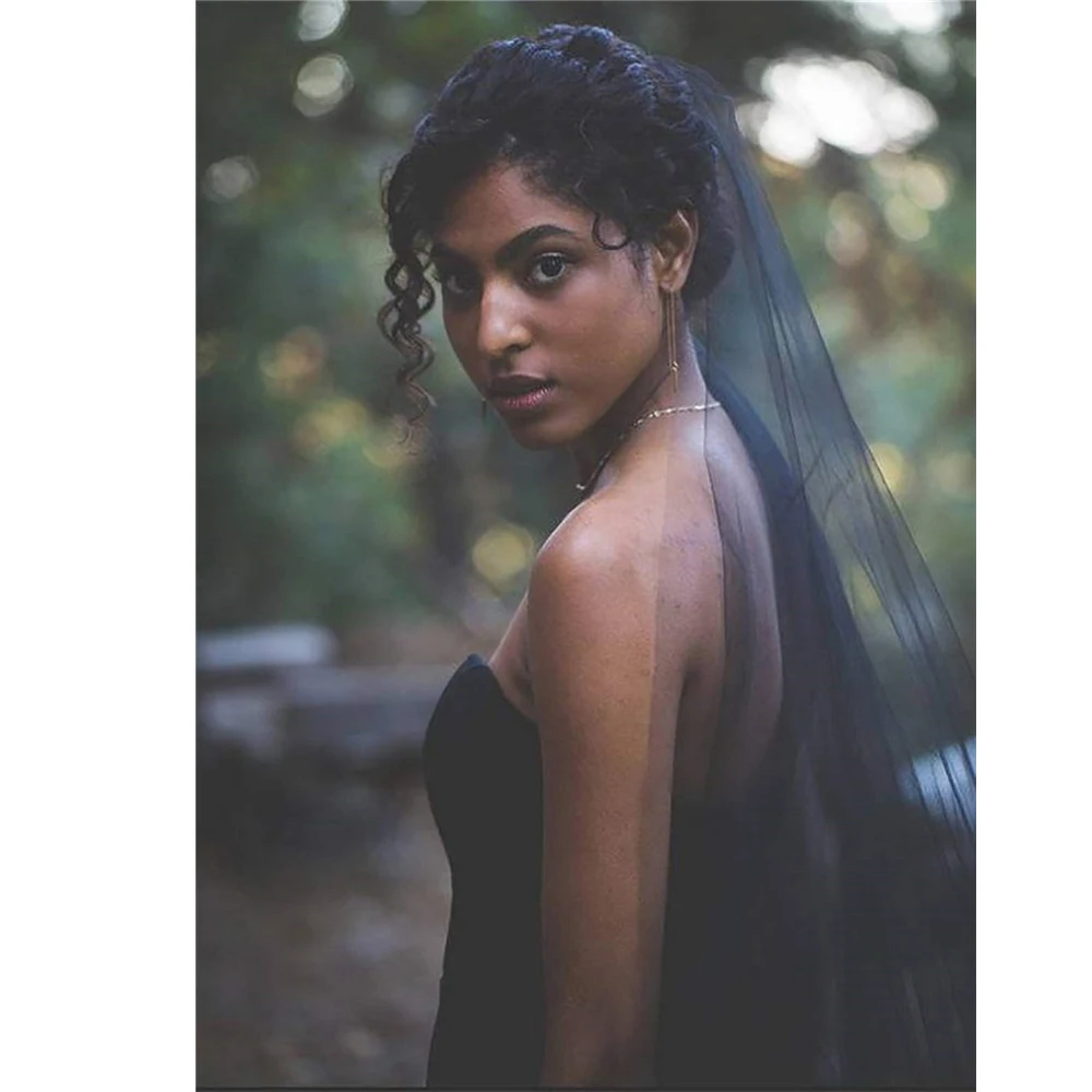 Однослойная длинная Соборная черная свадебная фата с гребнем фатиновая вуаль