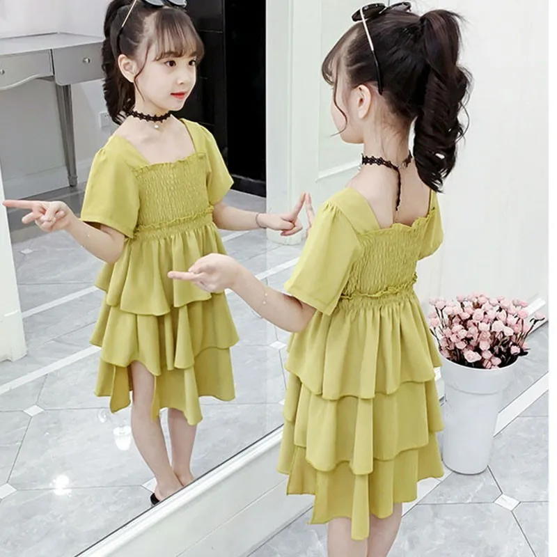Летние многослойные платья красного и желтого цвета для девочек-подростков