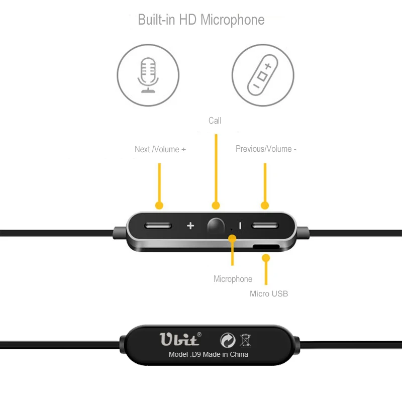 Ubit D9 спортивные Беспроводной Bluetooth наушники с защитой от пота металлическая