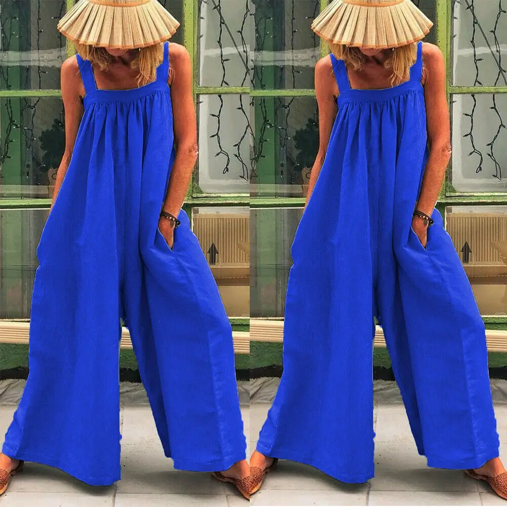Blue Women Loose Baggy Jumpsuit Dungarees Playsuit Romper Ladies Casual Wide Leg Trousers Summer Holiday Clothing - Color: Blue