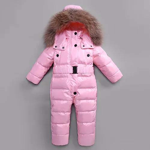 Pink Baby Rompers New Baby Jumpsuits Boys Girls Winter Overalls Rompers Kids Snowsuit Duck Down Children Jumpsuit Hooeded Rompers - Color: Pink