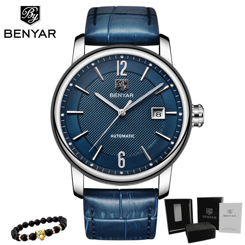 Leather-Blue BENYAR Новая мода Топ люксовый бренд кожаные часы Автоматические Мужские часы Мужские механические стальные часы Relogio Masculino - Цвет: Leather-Blue