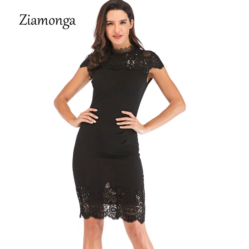 Ziamonga Лето Bodycon платье карандаша женский черный короткий рукав o образ|Женские