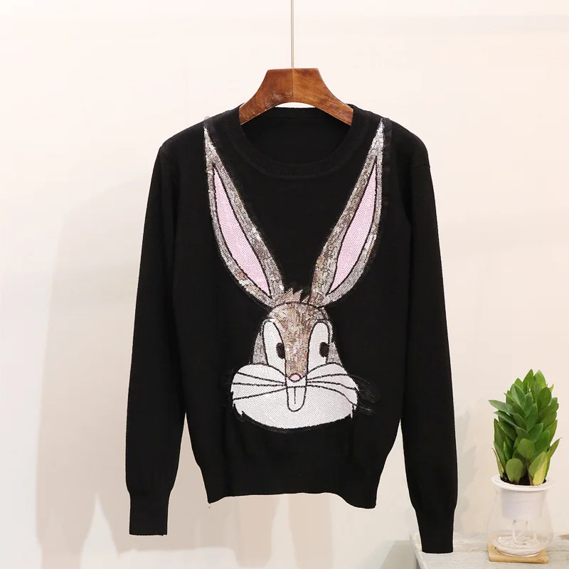 Cartoon Long Ear Rabbit AN MO YAN High Quality Black Women's Sweater Fashion Print Sequins Harajuku Loose Pullover Sweet Tops | Женская