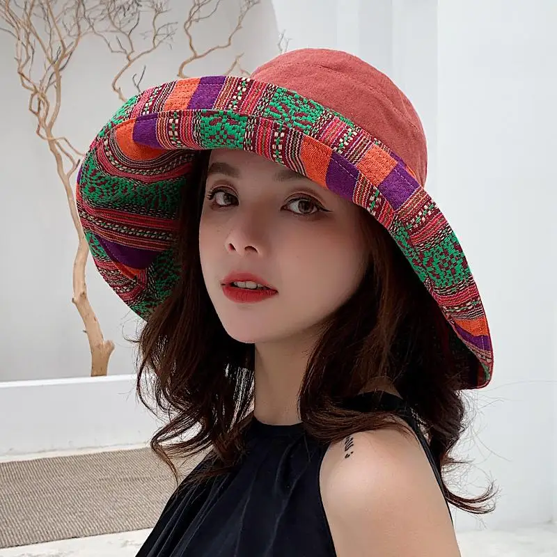 COKK Women Summer Hat Floppy Fisherman Cap Double Sided Sun Hat Female Wide Large Brim Bohemia Sunhat Beach Hat Cap Vacation New - Цвет: Красный
